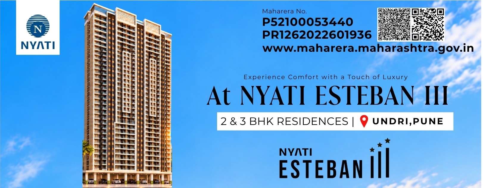 Architectural 3D render of Nyati Esteban-III high-rise towers in Undri Pune with luxury balconies and landscaped entry gates